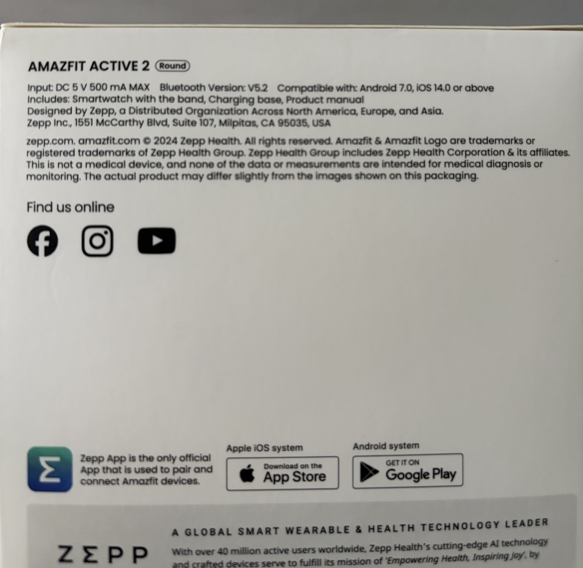 Brand New Amazfit Active 2 Round Smartwatch – Black Silicone Sport 44mm