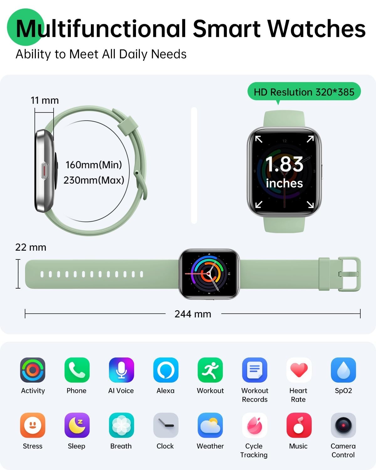 1.83” HD Smart Watch for Men & Women – Bluetooth Calls, Heart Rate Monitor, 120+