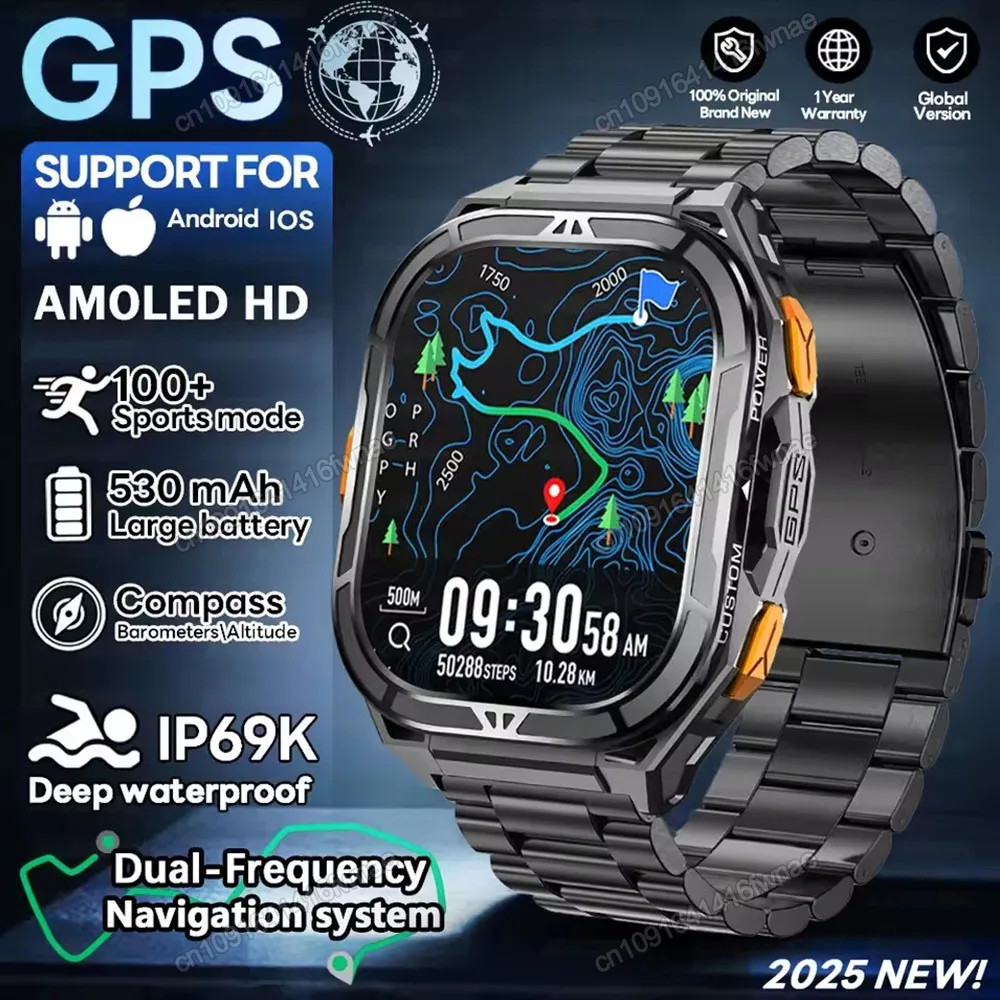 X5 AMOLED Smart Watch Men Dual-Band GPS 5ATM Waterproof Compass Tracker