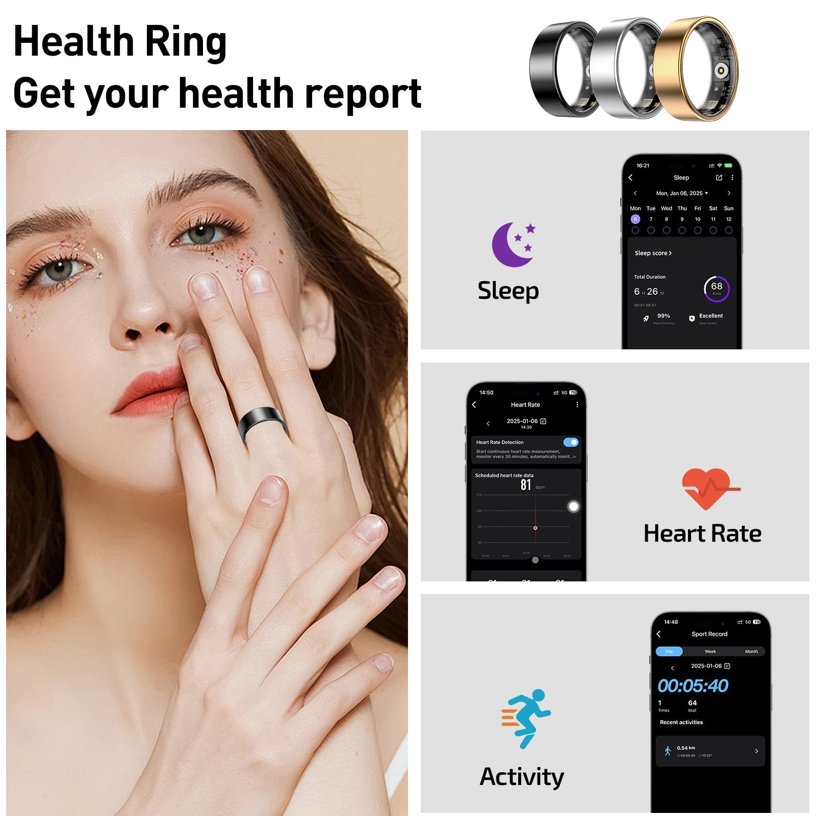 Smart Ring Health Tracker, Sleep&Exercise Monitor Heart Rate,Blood Oxygen,Fit…