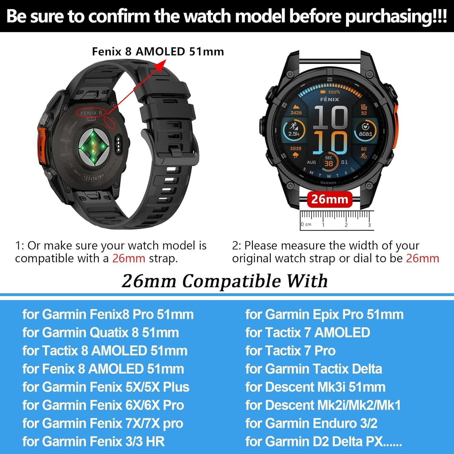 26mm Silicone Strap Compatible with Garmin Tactix 8/Fenix 8 Pro 51mm