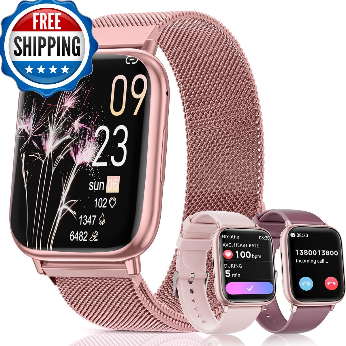 Loekneue Smartwatch Women 1.83″ Pink Gold Fitness Call Message Heart Rate G93
