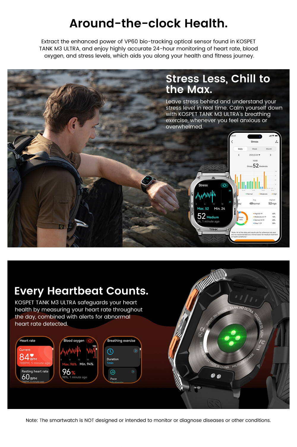 AMAZTIM TANK M3 Ultra GPS Smart Watch Men 480mAh 50M Waterproof for Android IOS