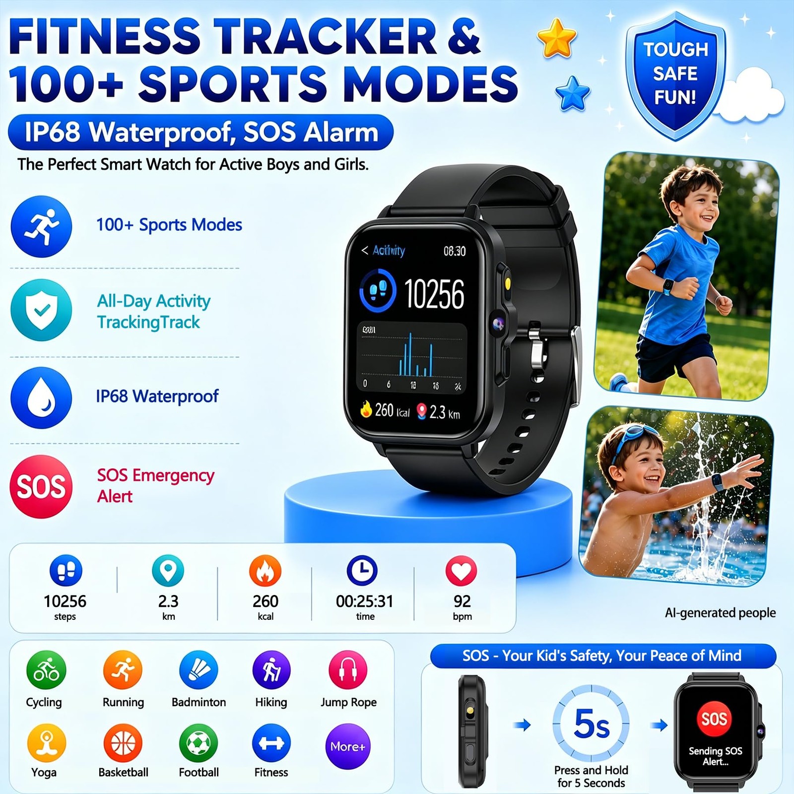 Kids Smart Watch Gifts for Boys Girls, 1.85″ Fitness Tracker Watch with AI