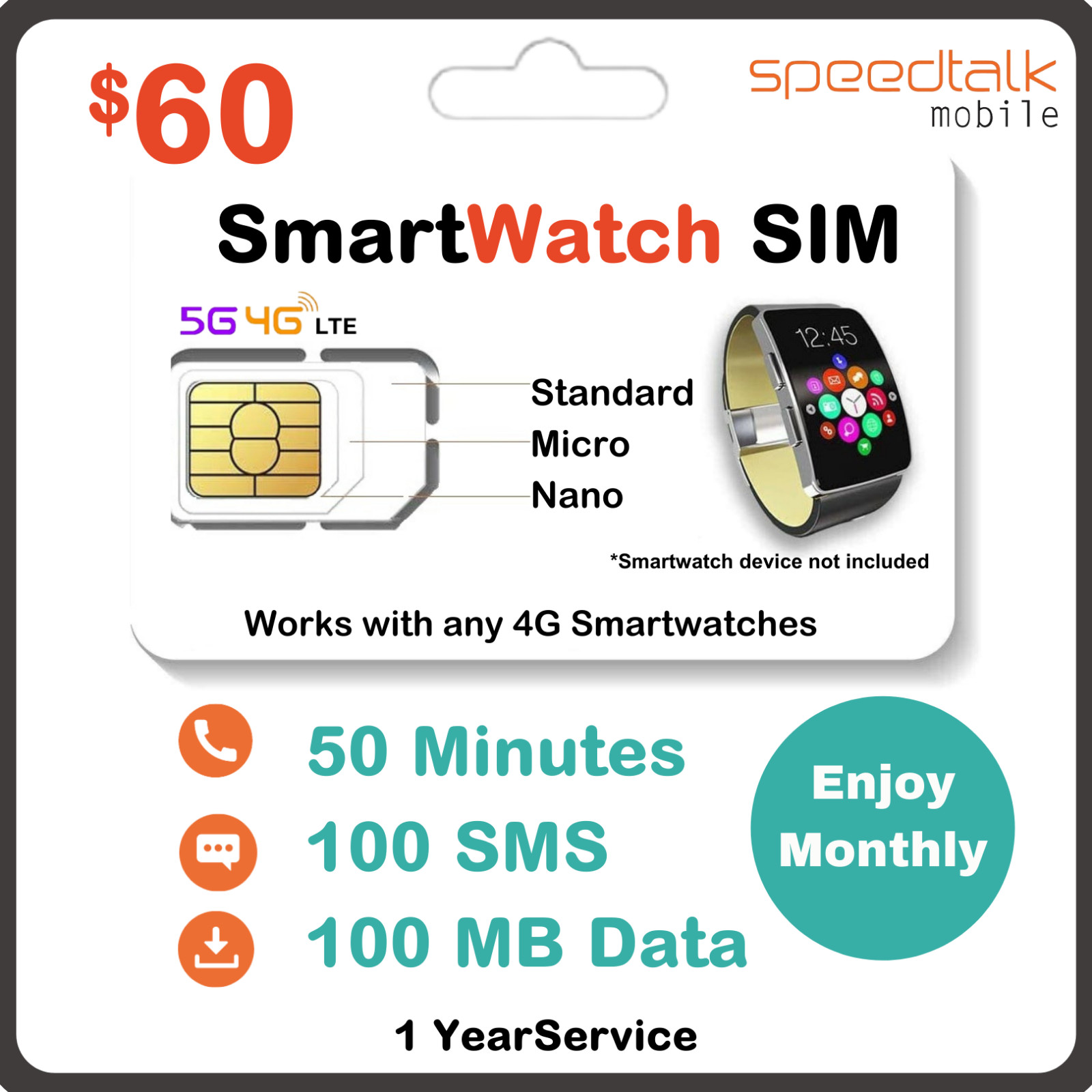 Speedtalk Kids Smartwatch SIM Card 5G 4G LTE Senior Smart Watches $5/Month