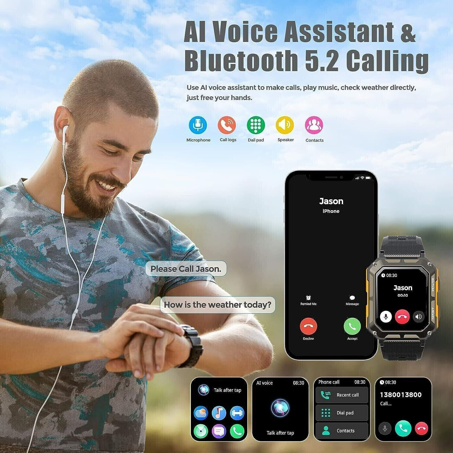 2024 New Blood Pressure Smart Watch Men Military Fitness Tracker Wristwatch