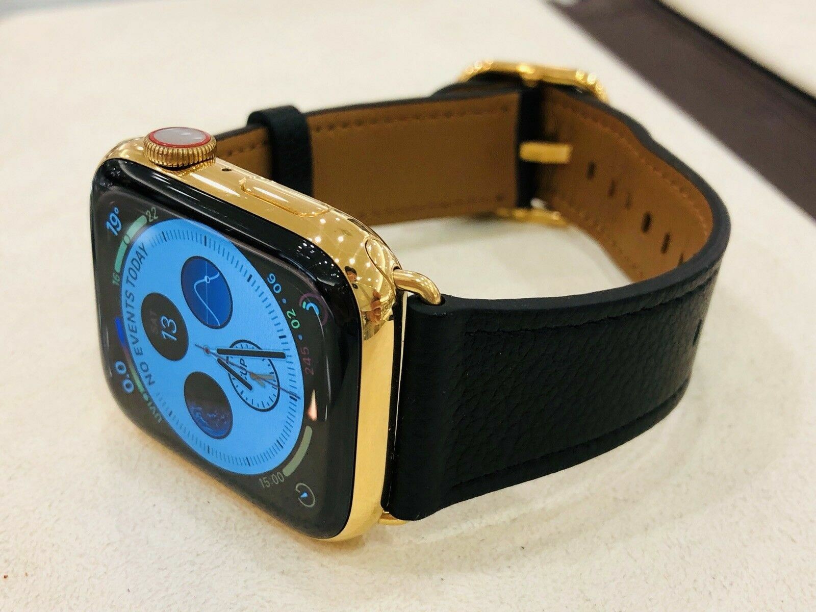 CUSTOM 24K Gold Plated 44MM Apple Watch SERIES 4 Stainless Black Leather GPS+LTE