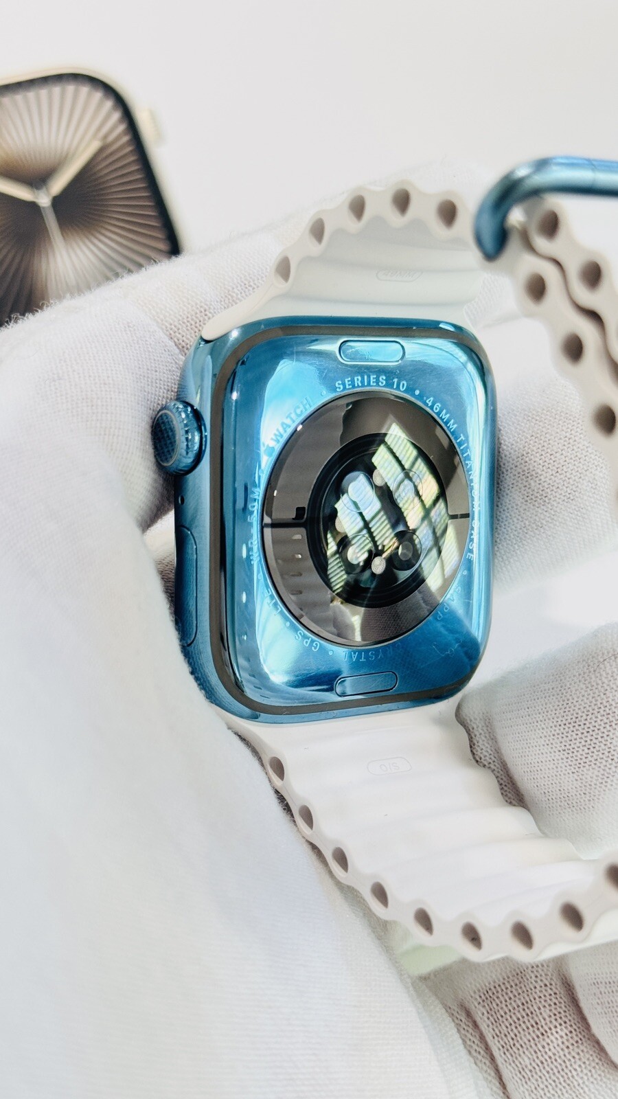 Custom Anodized Sky Blue Gold 46MM Apple Watch SERIES 10 White Ocean Band
