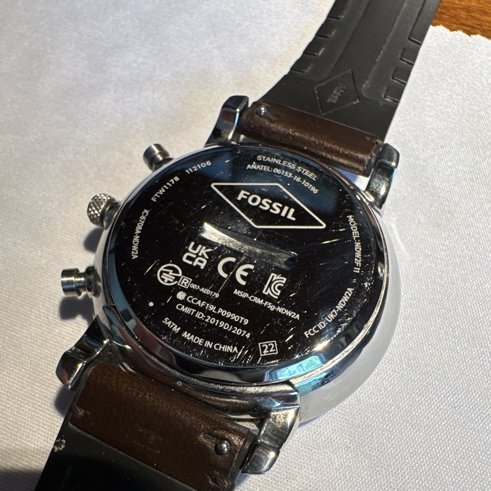 Fossil Hybrid Smartwatch Blue Dial 42mm Silver Case Brown Leather Band