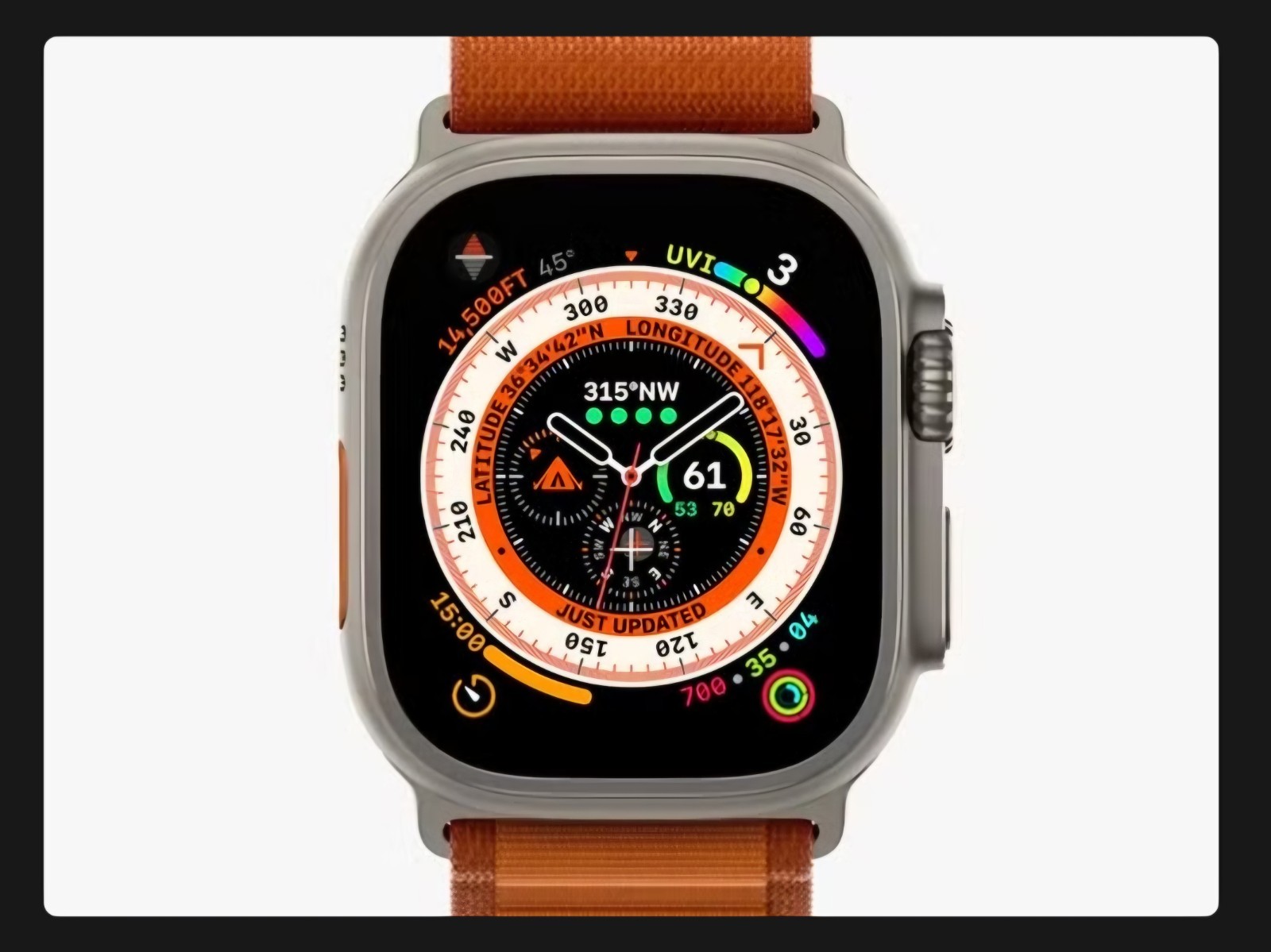 Apple Watch Ultra 49mm Titanium Silver Case Orange Silicone Band 32GB iOS