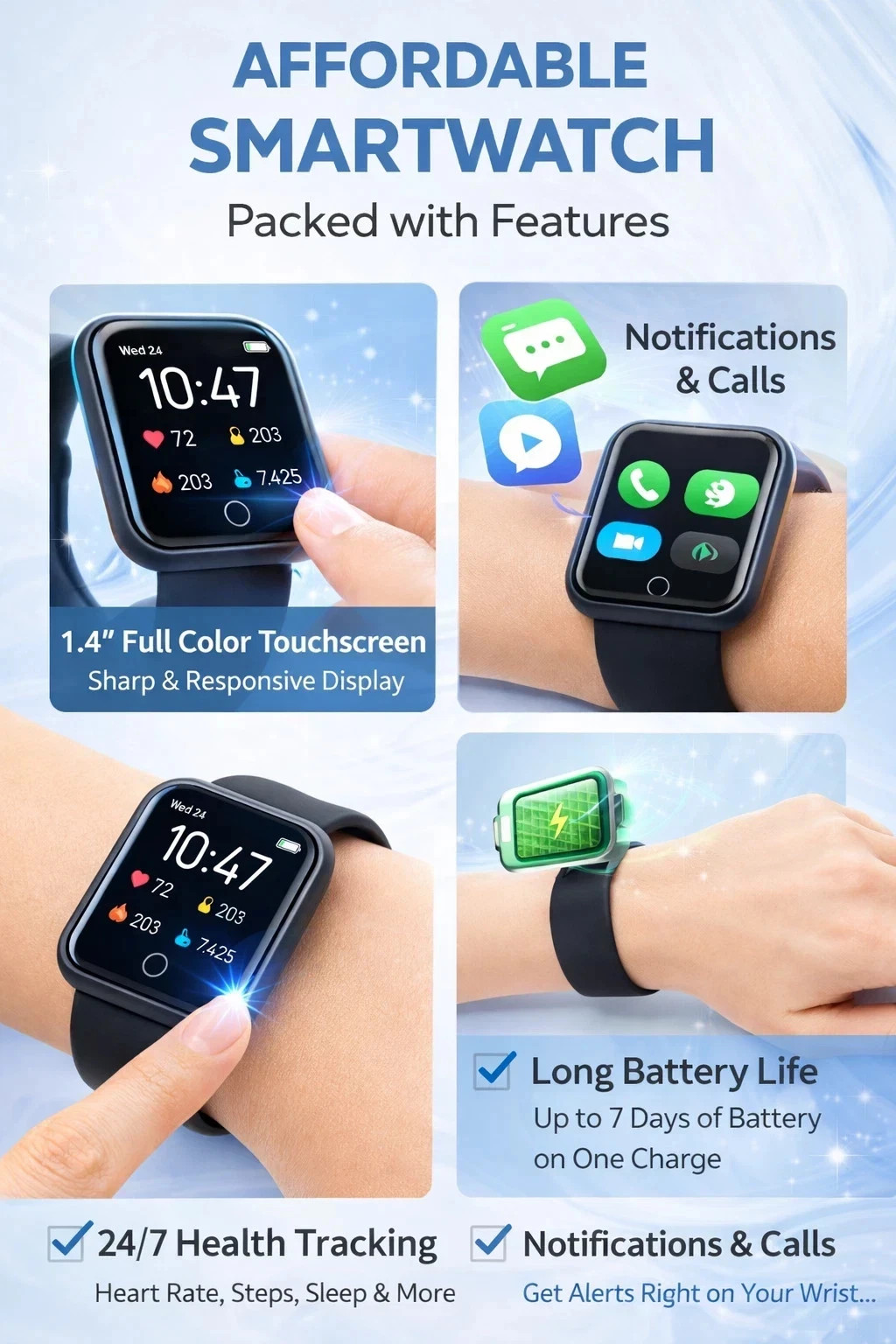 Smart Watch for Android & iOS – 1.4″ Touchscreen, Waterproof, Multiple Faces