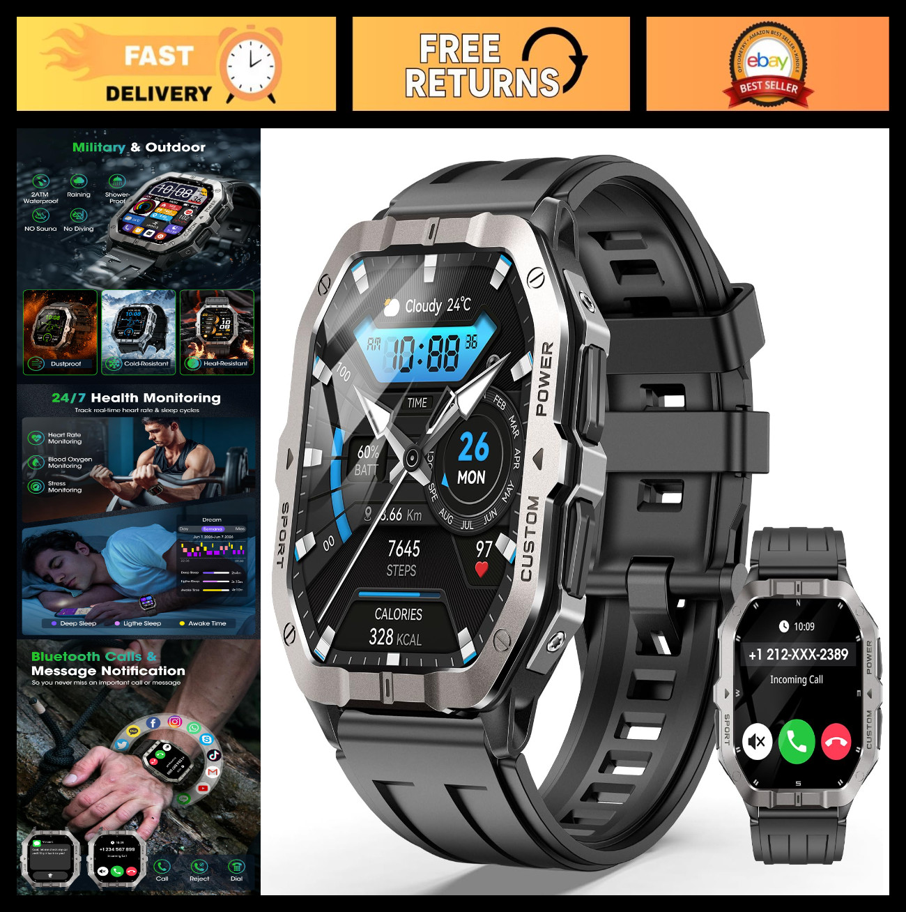 Military Smart Watch with GPS, Bluetooth Calling, 100+ Sport Modes, Heart Rate &