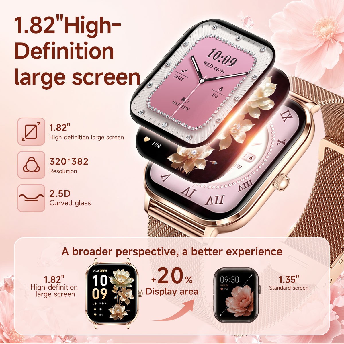 Women Smart Watch 1.82″ HD Touch Screen Bluetooth Call IP68 Waterproof Rose Gold