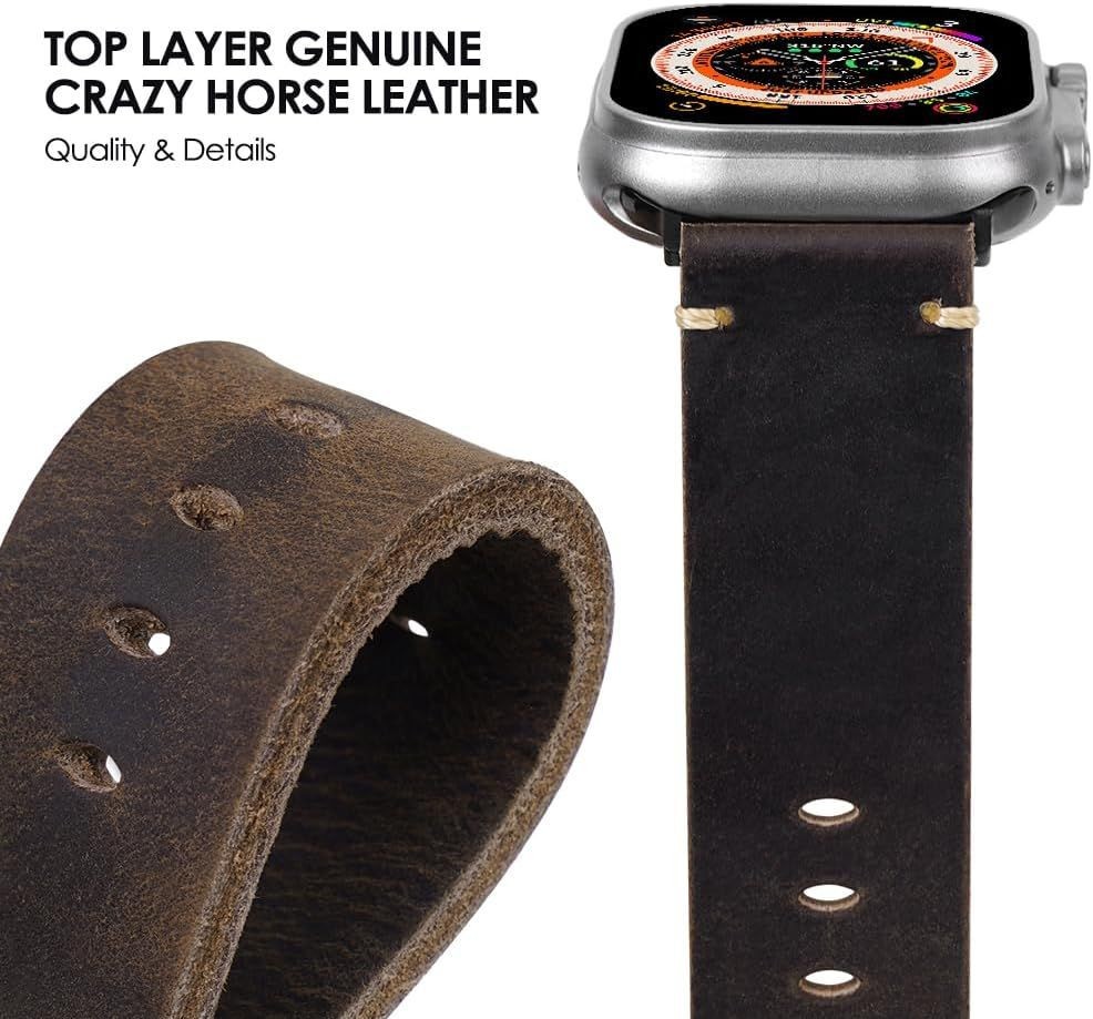 Leather Vintage Strap for Apple Watch Ultra 49mm, Series 9/8, Rugged Design