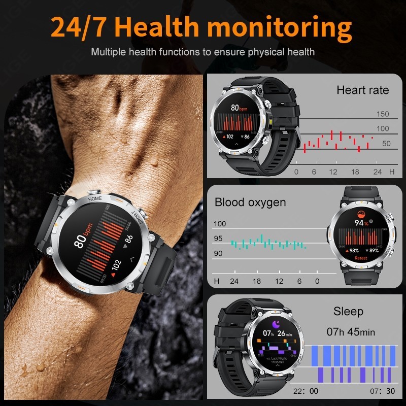 Smart Watch Men Sport Rugged with LED Flashlight Heart Rate 3ATM Waterproof Call