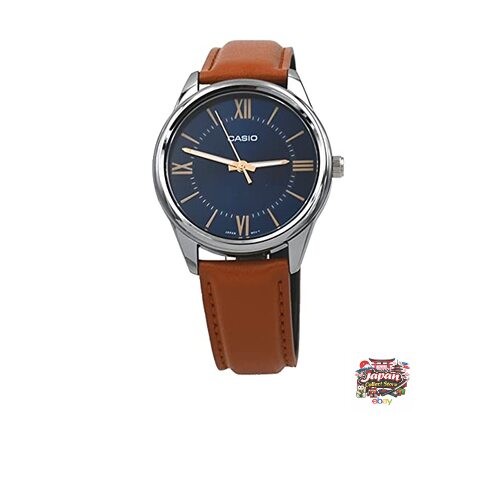Casio MTP-V005L-2B5 Men’s Standard Analog Tan Leather Band Roman Blue Dial Watch