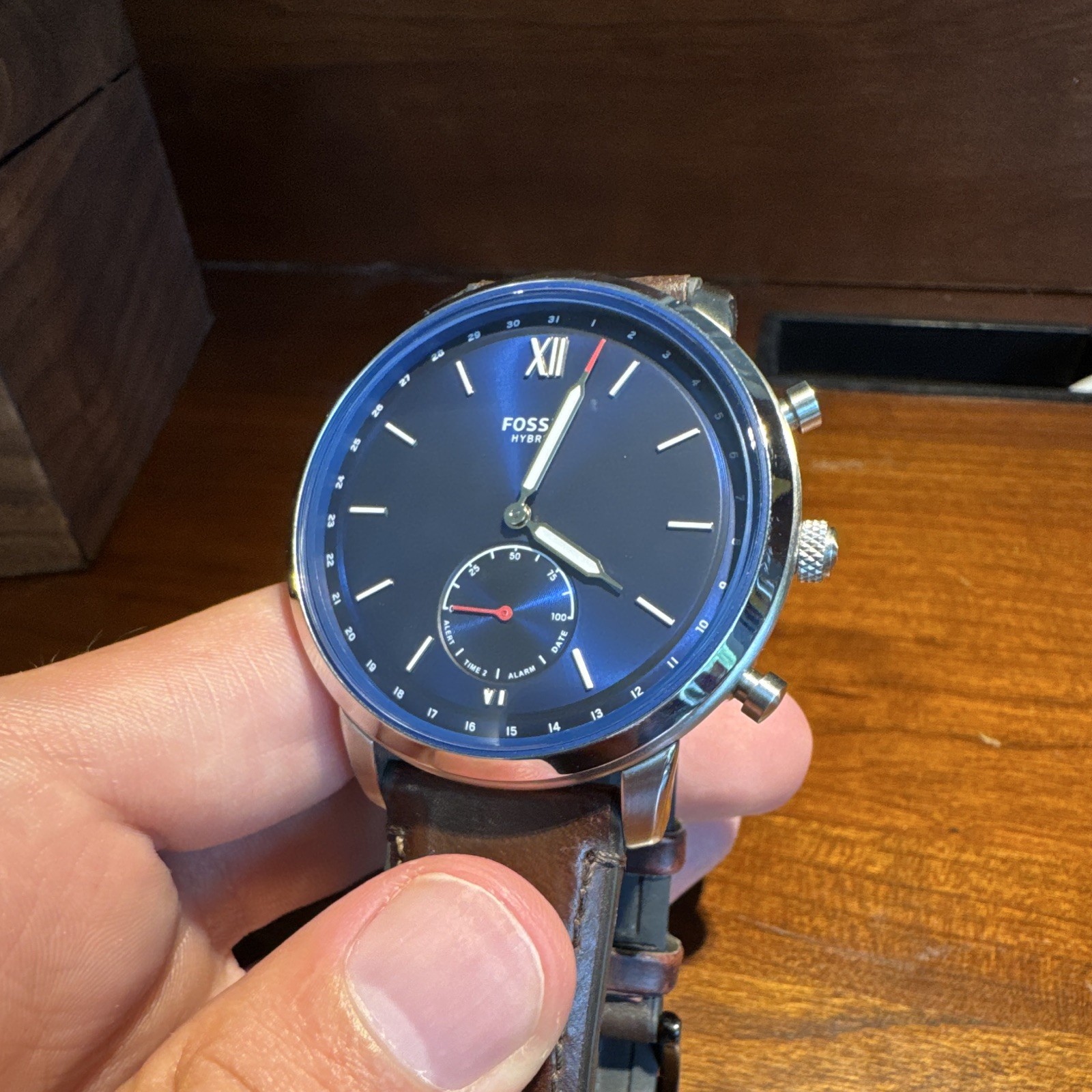 Fossil Hybrid Smartwatch Blue Dial 42mm Silver Case Brown Leather Band