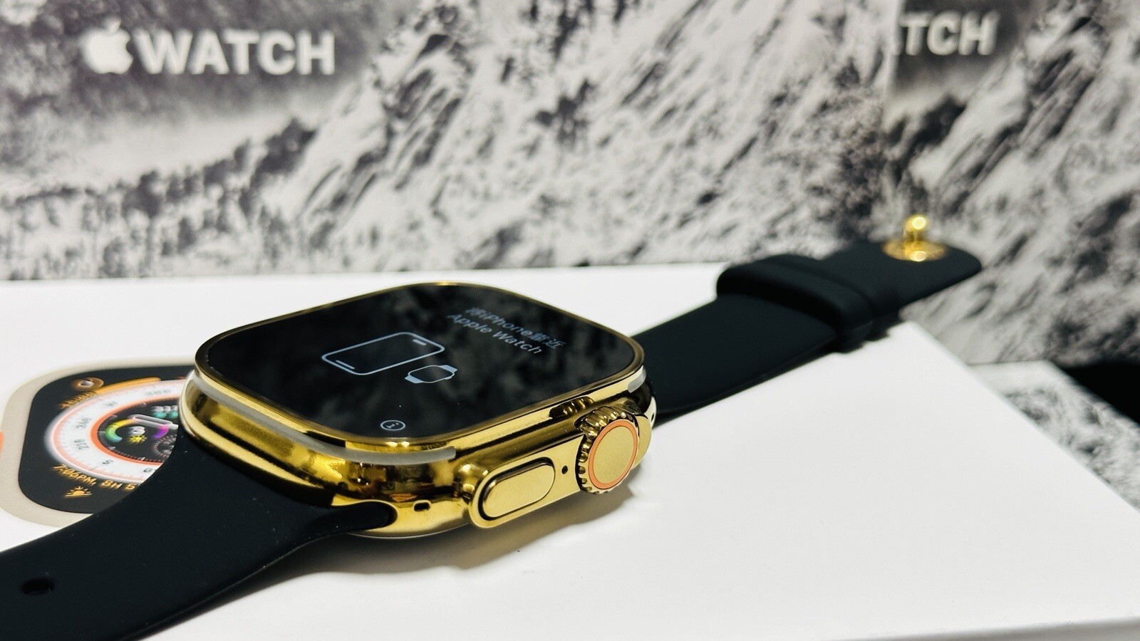 GOLD Apple Watch ULTRA 49mm CUSTOM Polished Black Sport Band Gold Plated Pin