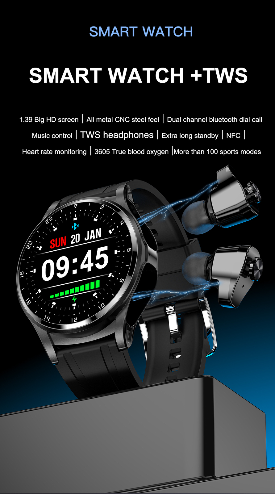 Bluetooth Smart Watch Earphones Touch Screen Waterproof Sports Fitness Tracker