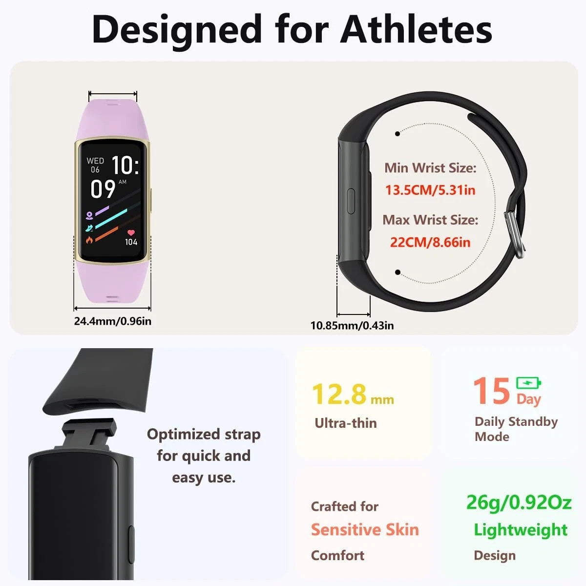 FITVII FINO2 Slim Fitness Tracker Smart Watch 24HR Health & Sleep Monitor Lilac