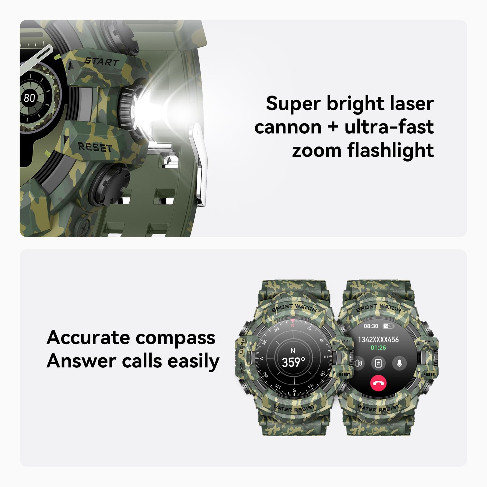 MIDDOW Military Smart Watch Flashlight, Compass, Heart Rate, Calls, IP68, Androi
