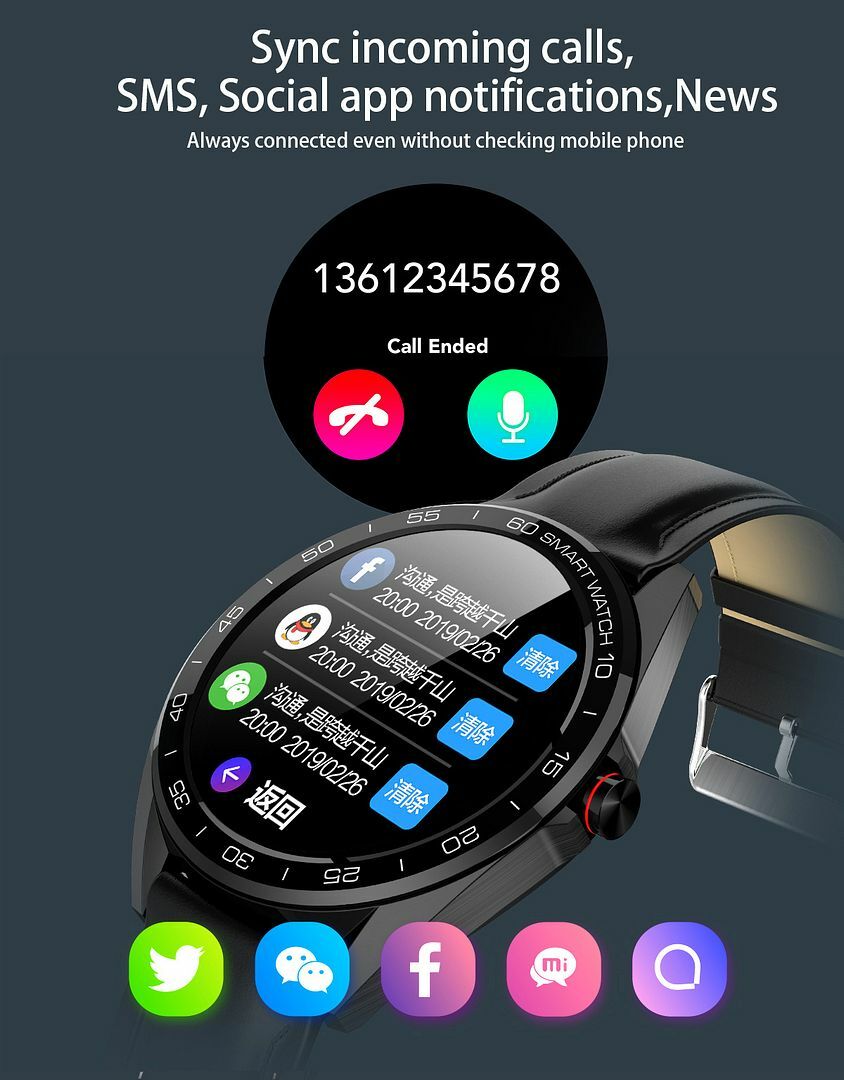 Waterproof Men Business Smart Watch Bluetooth Call SMS Reminder For Android iOS