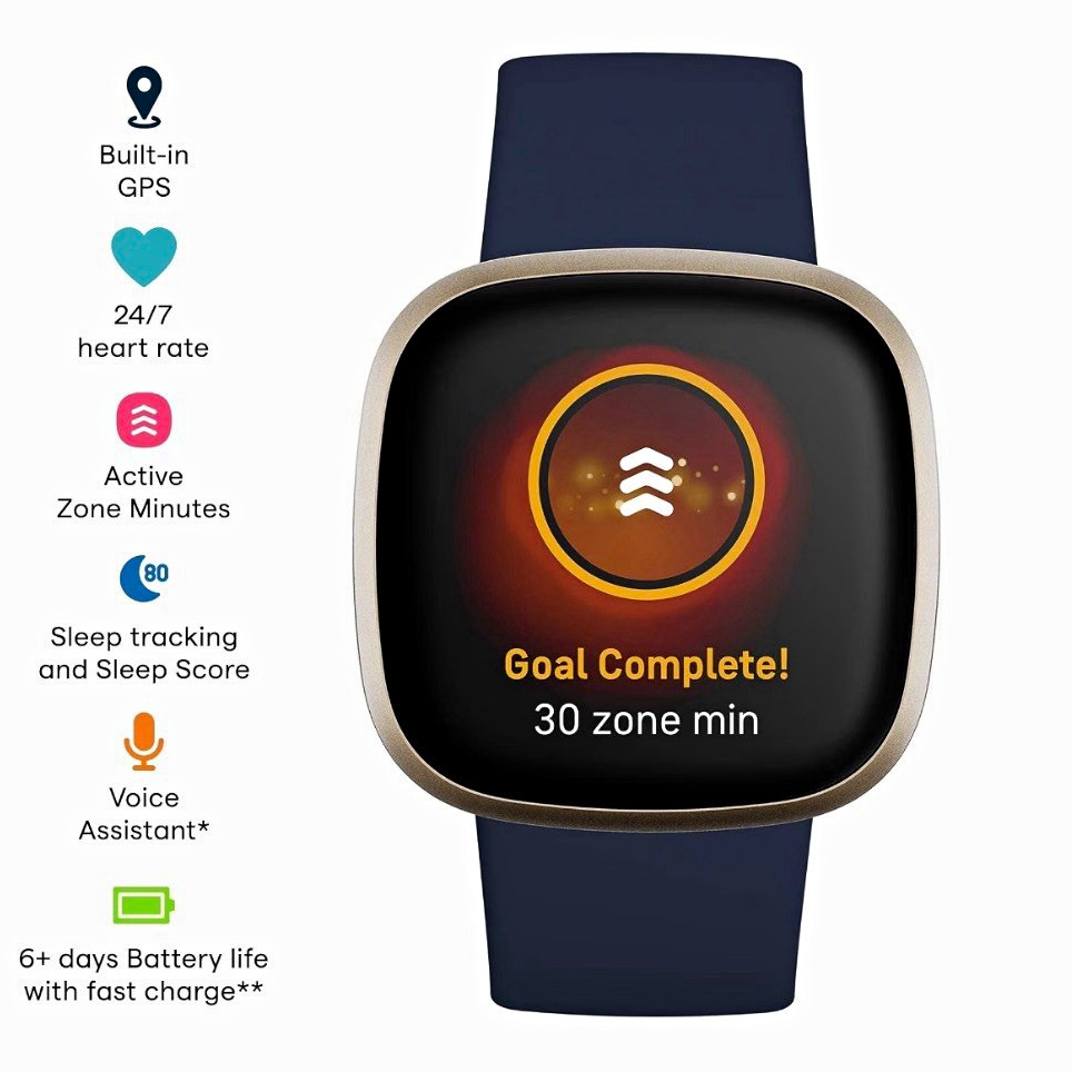 Fitbit Versa 3 GPS Smartwatch Heart Rate Voice Assistant Gold 40mm Blue Band