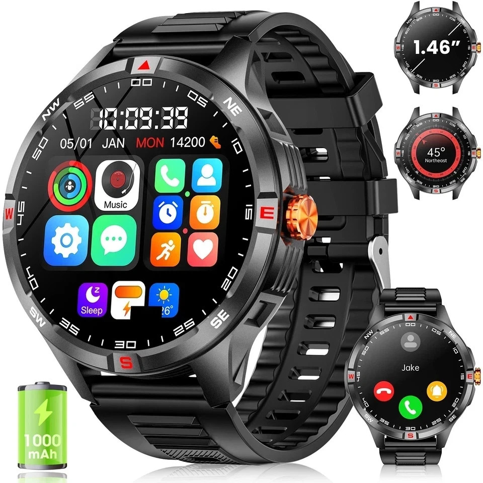 1.46” HD Screen Smart Watch, Waterproof Fitness Smart Watches Compass 1000mAh