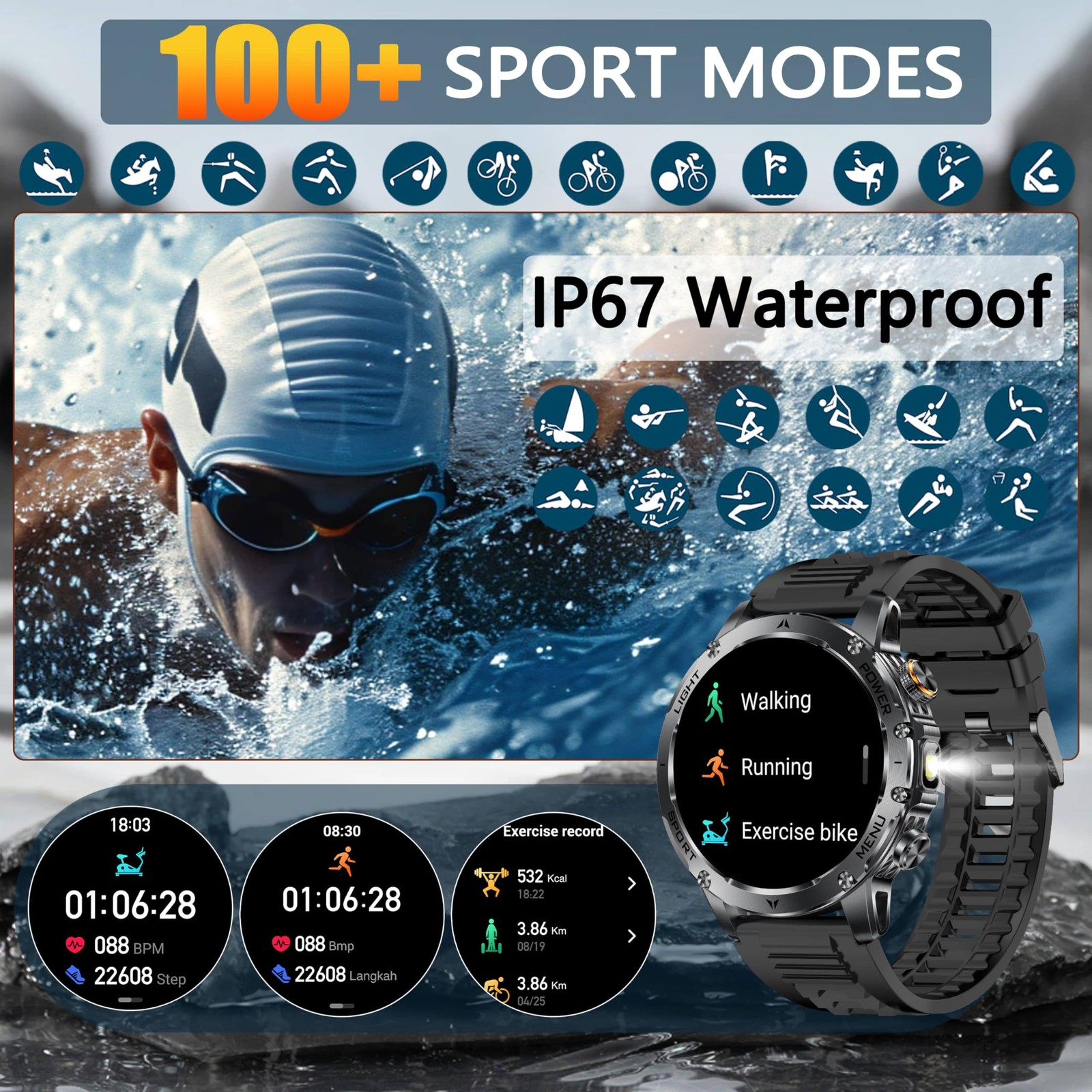 KPEP Military Smart Watches for Men with 2 Straps, 1000mAh Battery/LED Flashligh