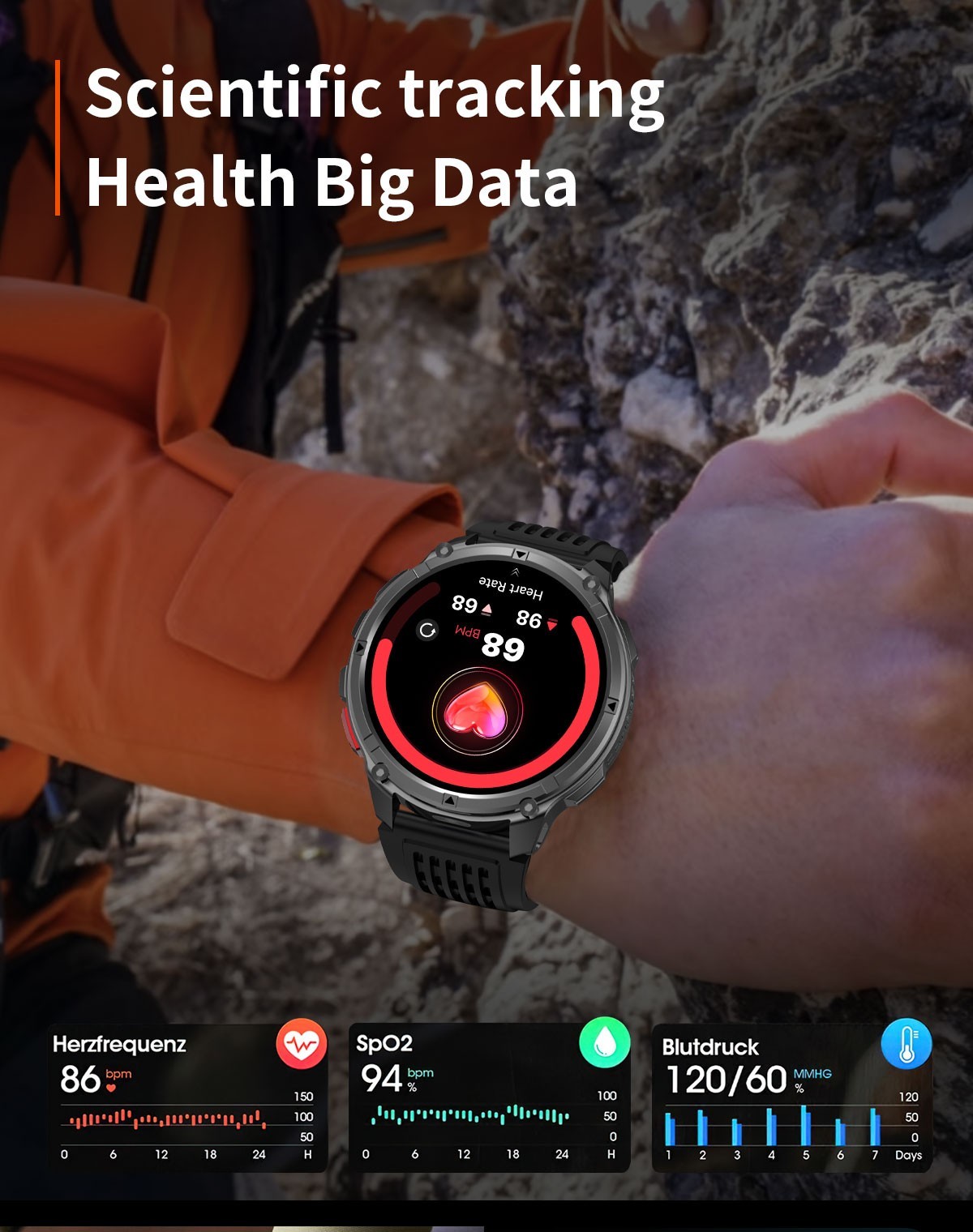 1.7″ Smart Watch Compass 1100mAh 3ATM Waterproof Fitness Tracker BT Call