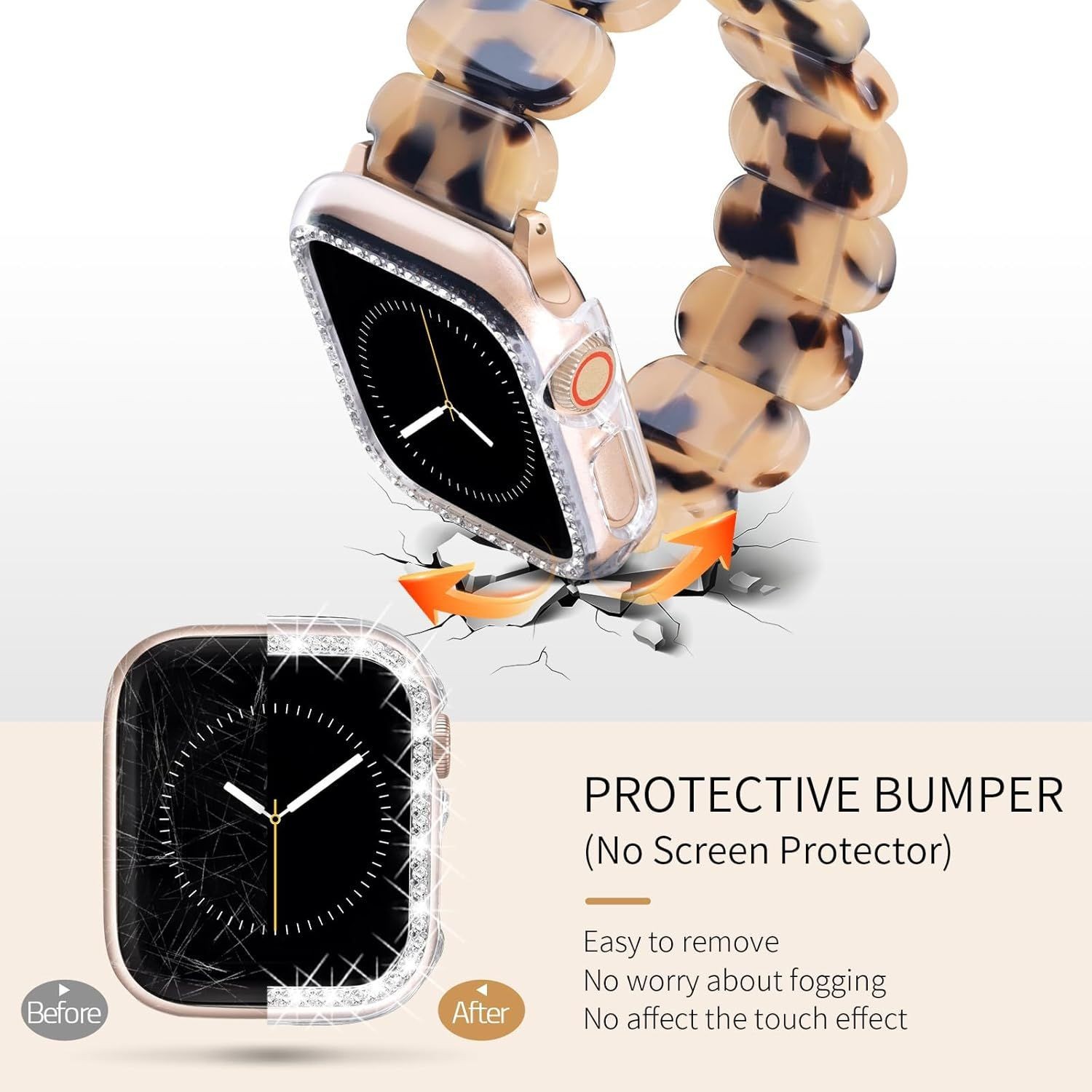 Stretchy Tortoise Resin Bracelet Case for Apple Watch 40mm 44mm Women Fashion