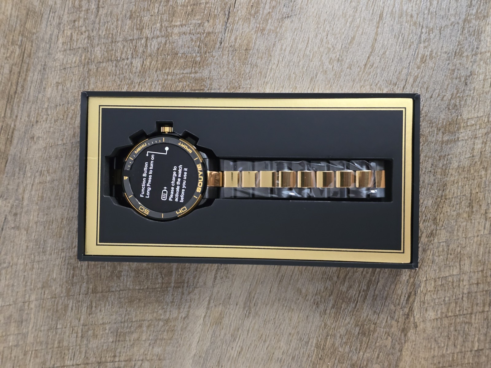Smart Watch Touchscreen 46mm Black Metal Case Gold Steel Band