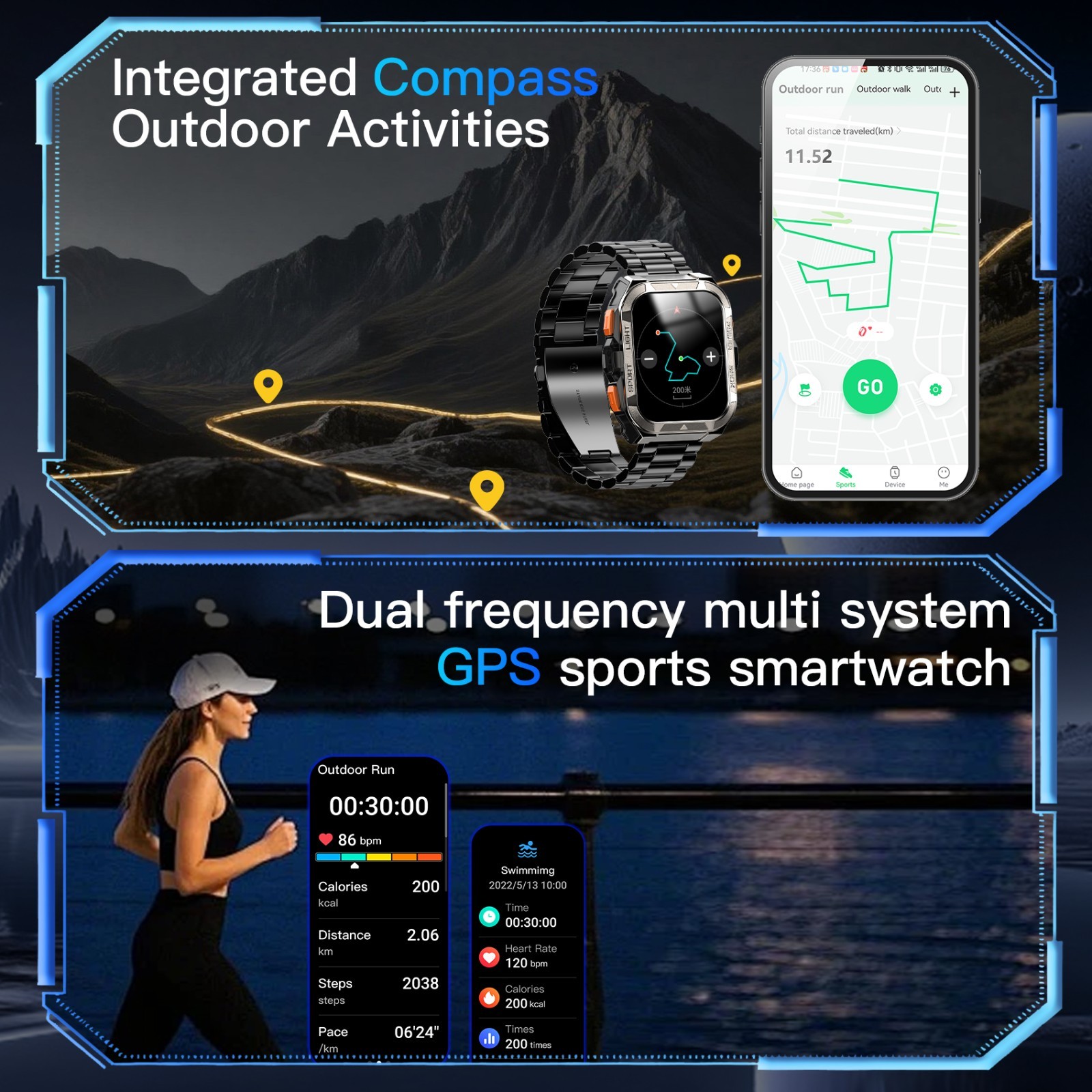 Military Smart Watch For Men Fitness Tracker With GPS LED Flashlight Wristwatch