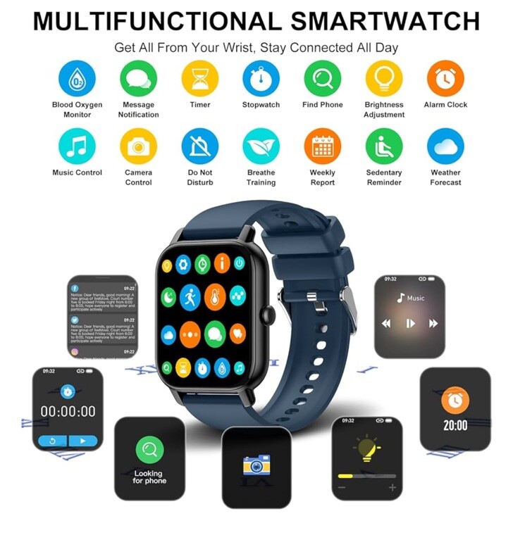 Smart Watch(Answer/Make Call), 1.85″ Smartwatch for Men IP68 Dark Blue