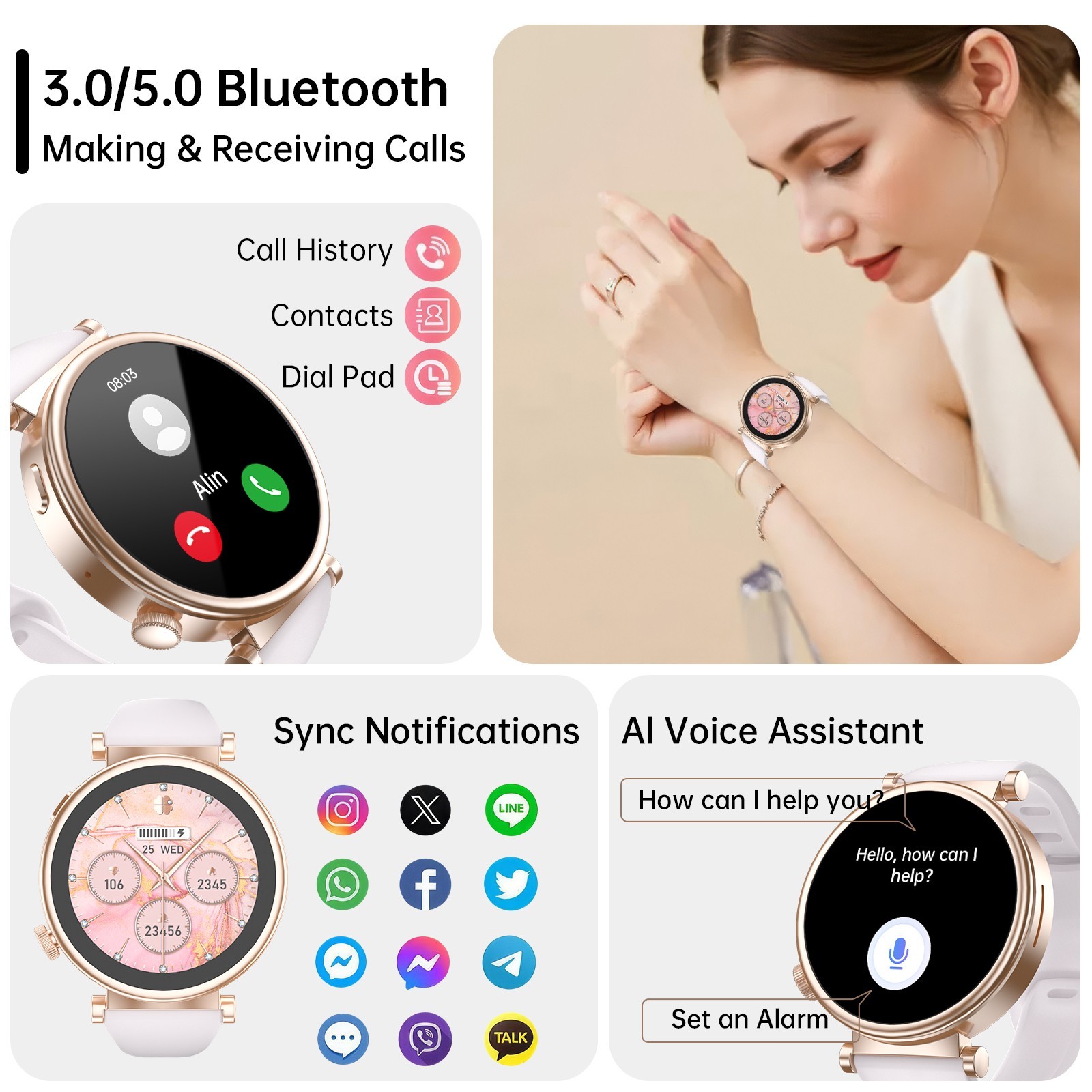 2026 W&O Women Smart Watch Fitness Bluetooth Call Watch for phone with 7 Bands