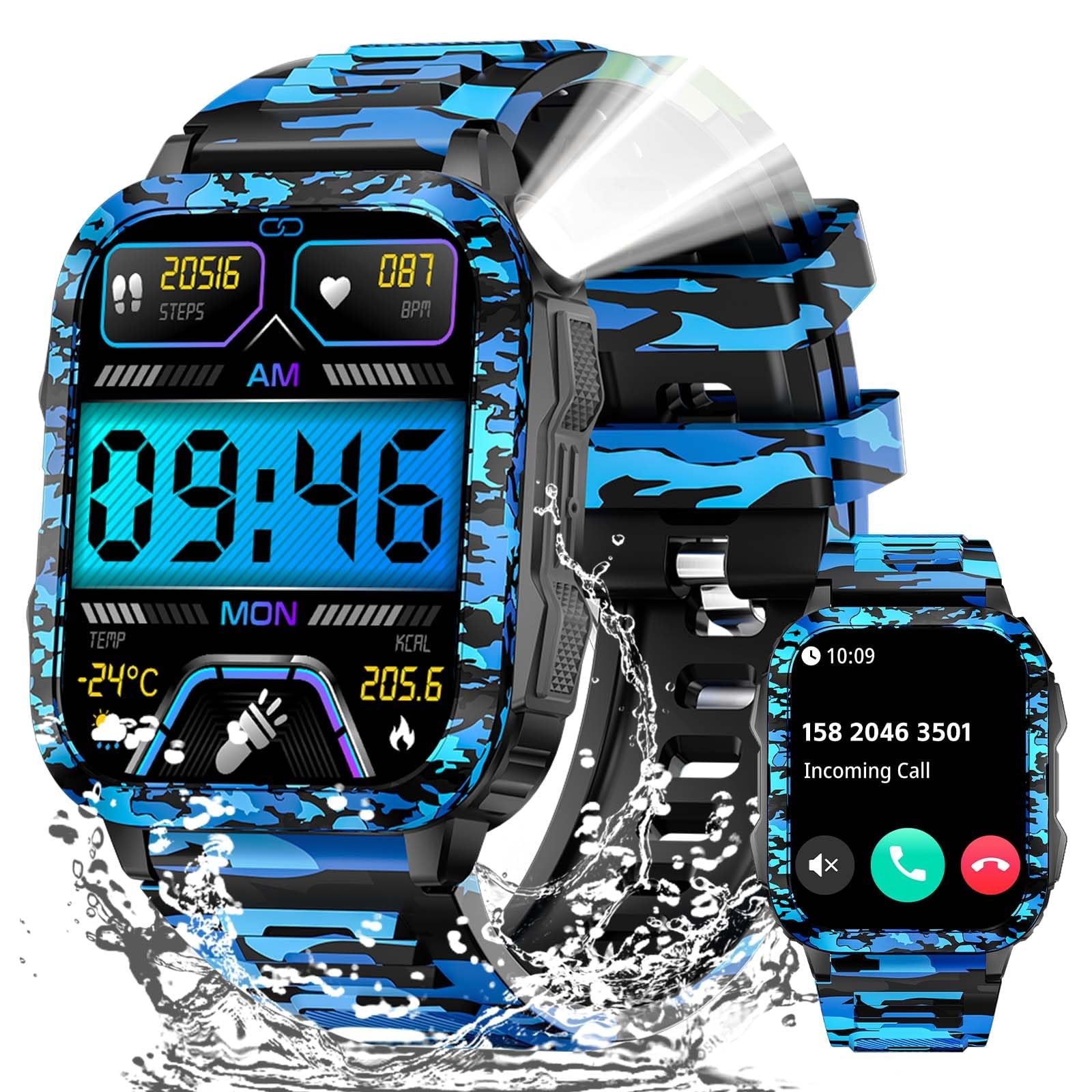 Military Smart Watches for Men Make/Answer Call with LED Flashlight