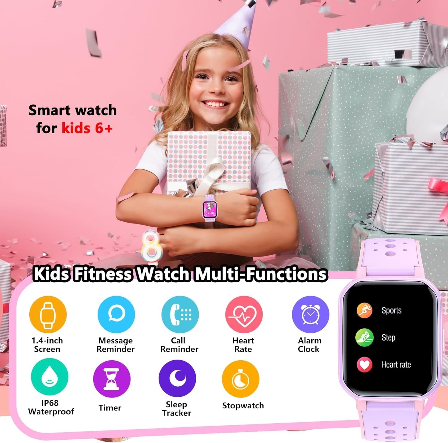 Durable Kids Smart Watch with Fitness Tracking & Sleep Monitor, 19 Modes, Purple