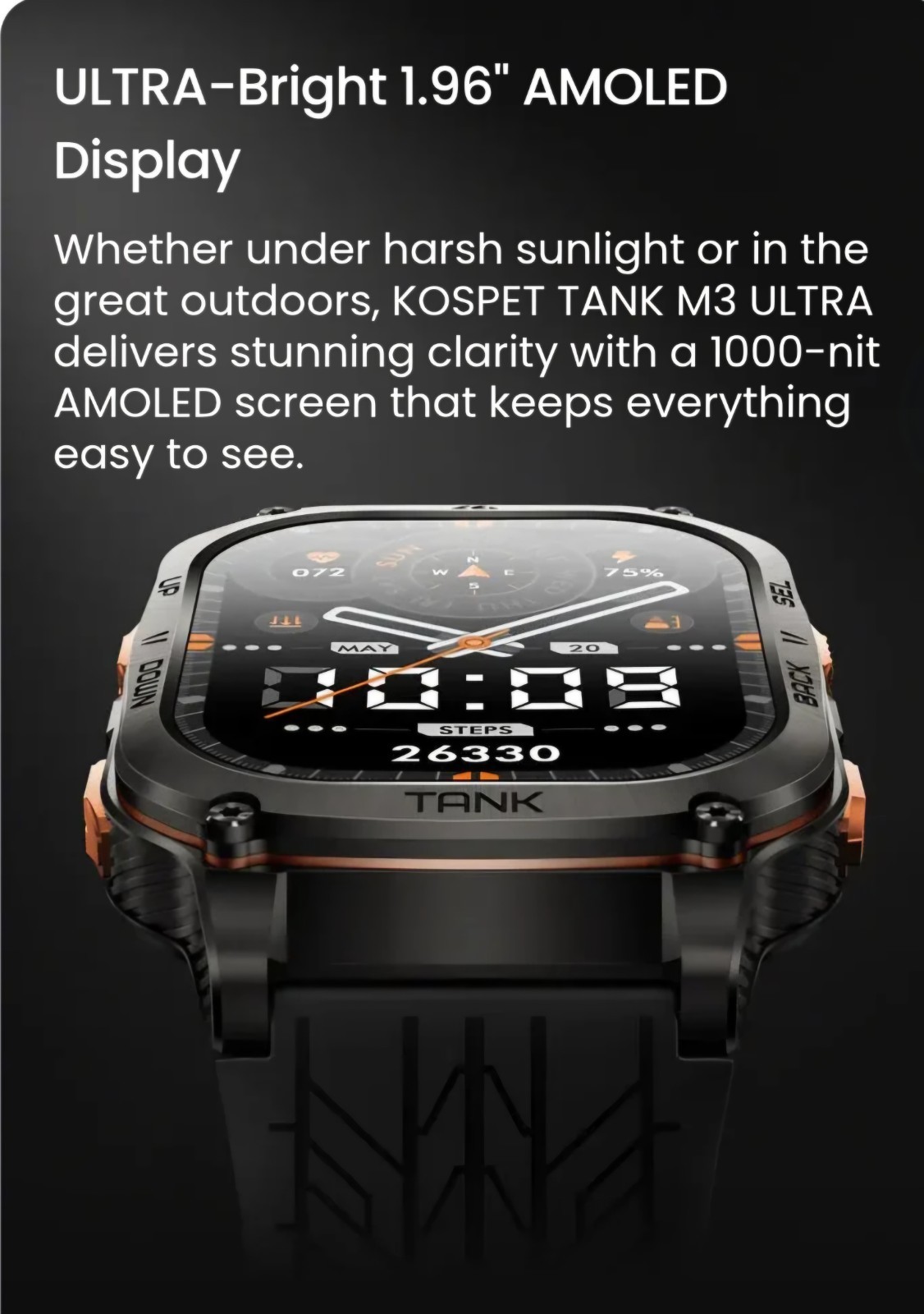 Kospet Tank M3 Ultra Black Rugged Waterproof Military Sport Bluetooth GPS Silico