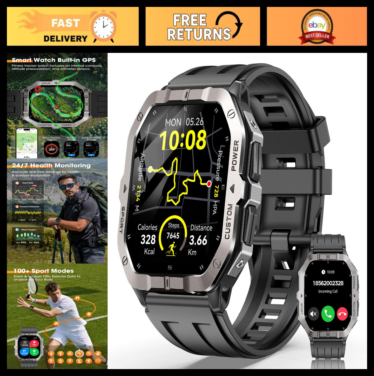 Military Smart Watch for Men, 2.02″ Fitness Tracker with Built-in GPS, Waterproo