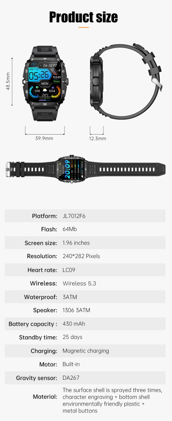 Smart Watch with 1.96″ IPS Full Touch Screen, IP67 Waterproof, Fitness Tracker