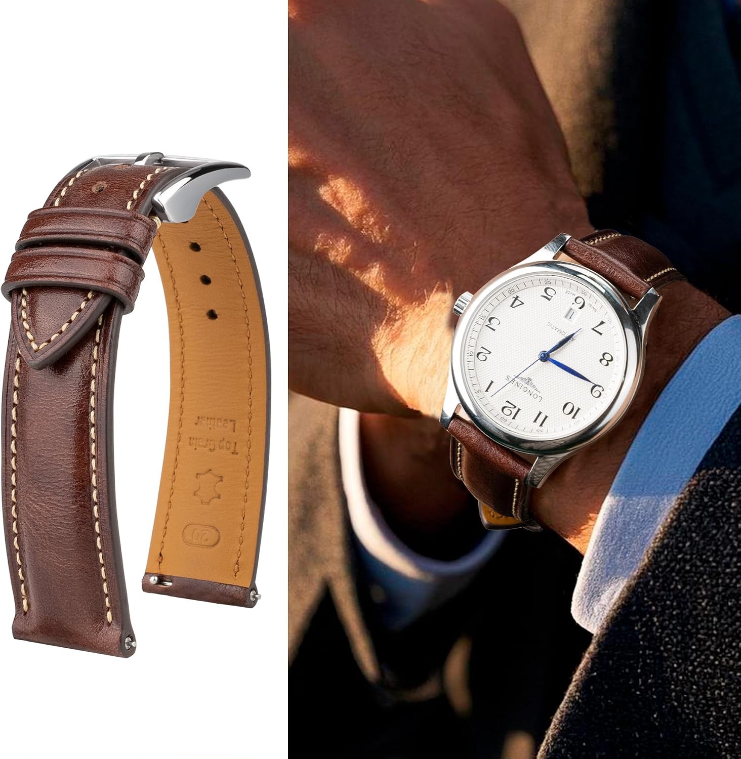 Case For 19mm Quick Release Leather Watch Band, Coffee, Silver Buckle