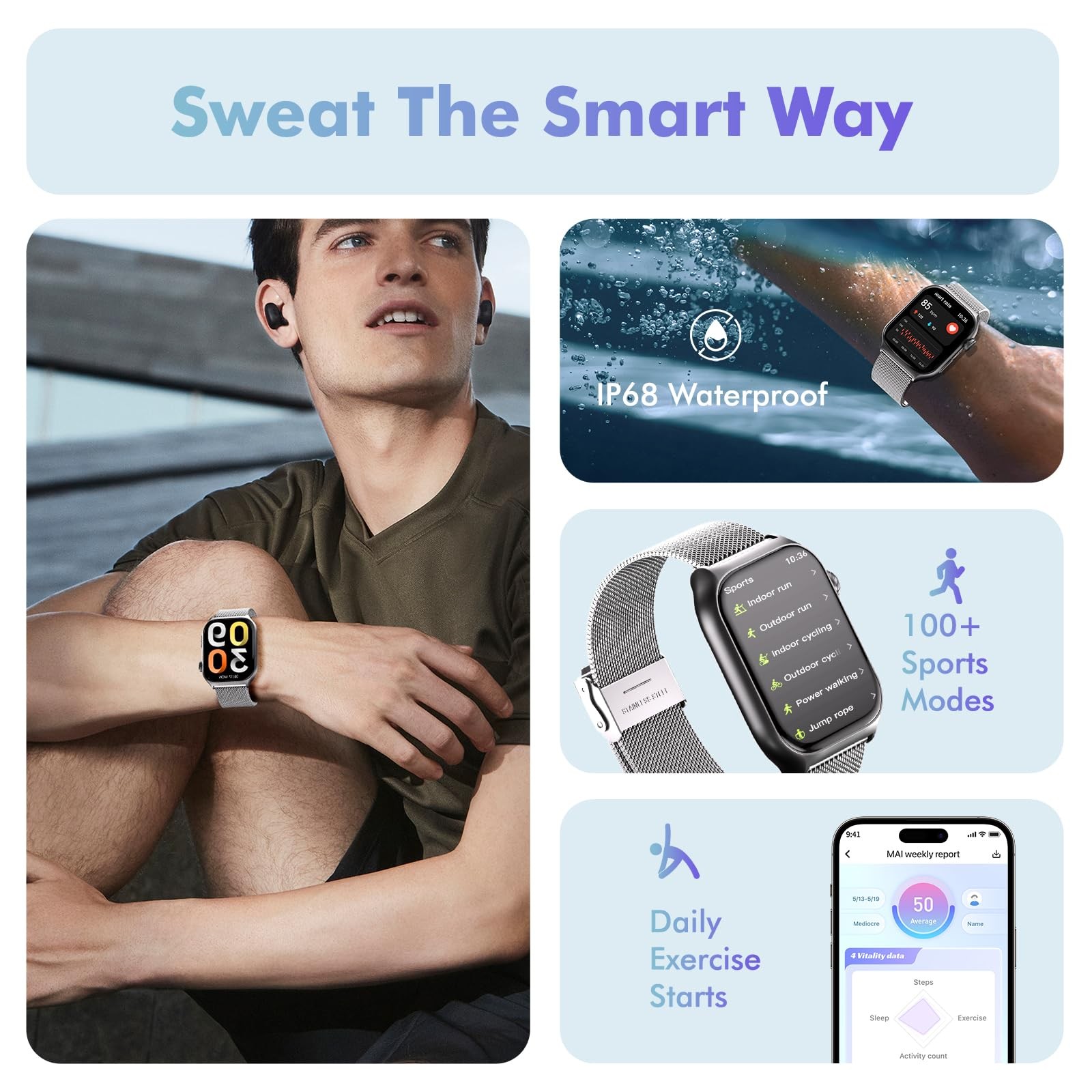 YMS Android Smart Watch for Women – Bluetooth 1.98*1.51*0.49 inches, Silver