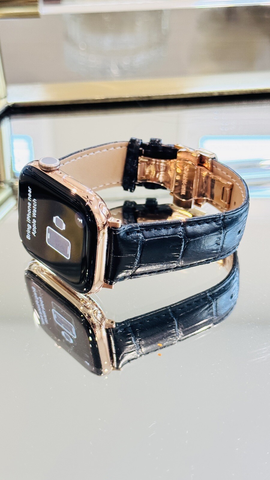 24k ROSE Gold Plated Apple Watch Series 10 46mm Black Leather Band CUSTOM