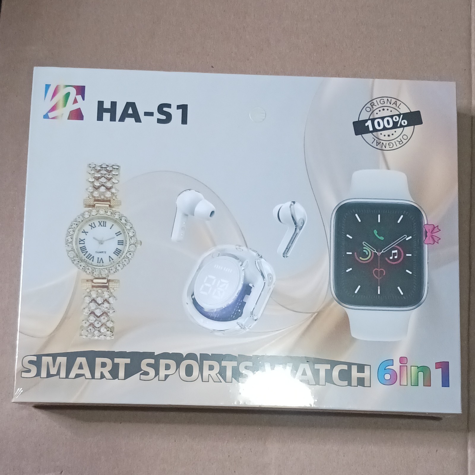 HA-S1 Smart Sports Watch 6 in 1 Multi-Function Black Case White Silicone Band