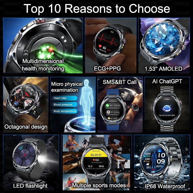 2026 AI ECG Smart Watch AMOLED Bluetooth Call Heart Rate IP68 Android iOS