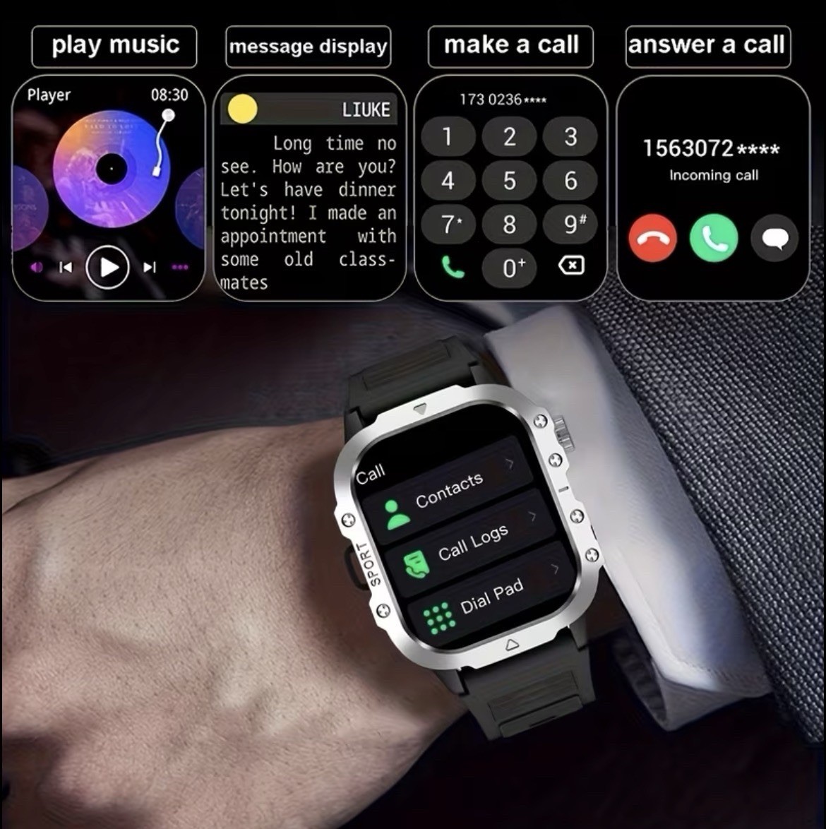 Rugged Bluetooth Smartwatch w/ Call & Text, Fitness Tracker, Weather, Music