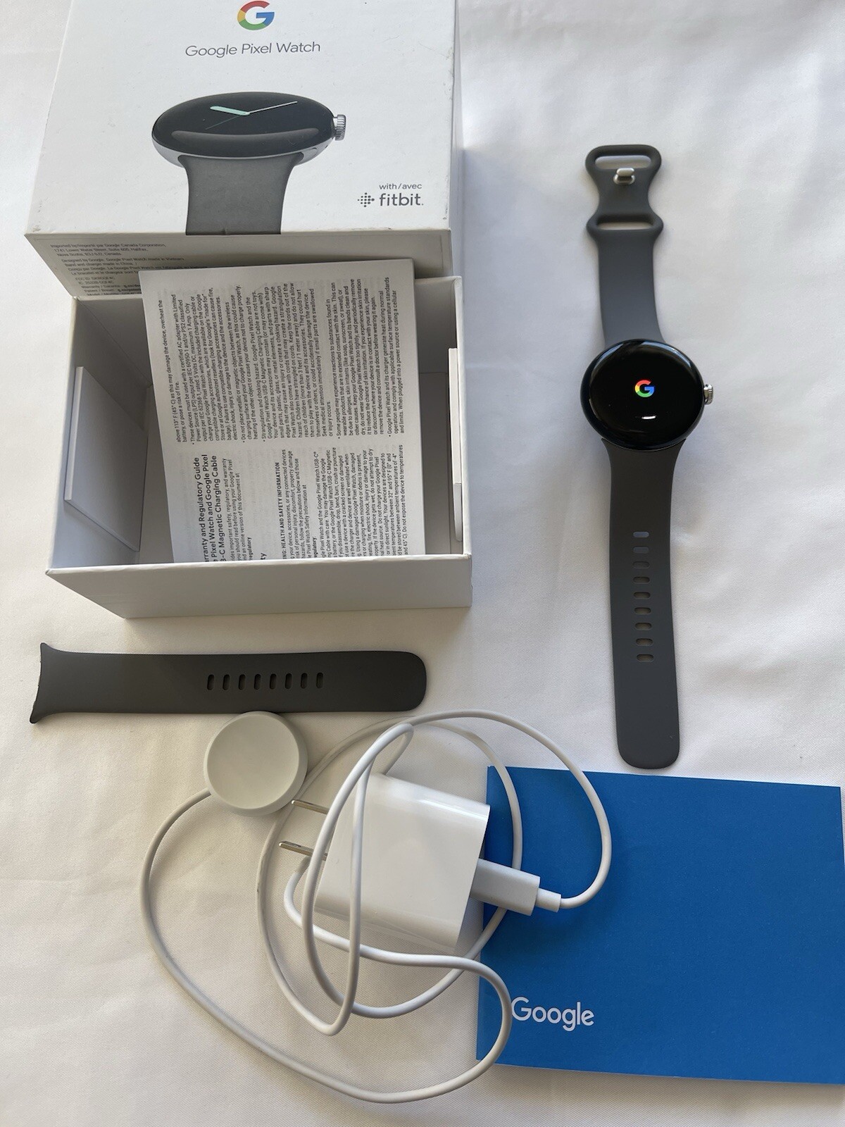 Android Google Pixel Watch Wifi Fitbit with Large and Small Charcoal Bands EUC