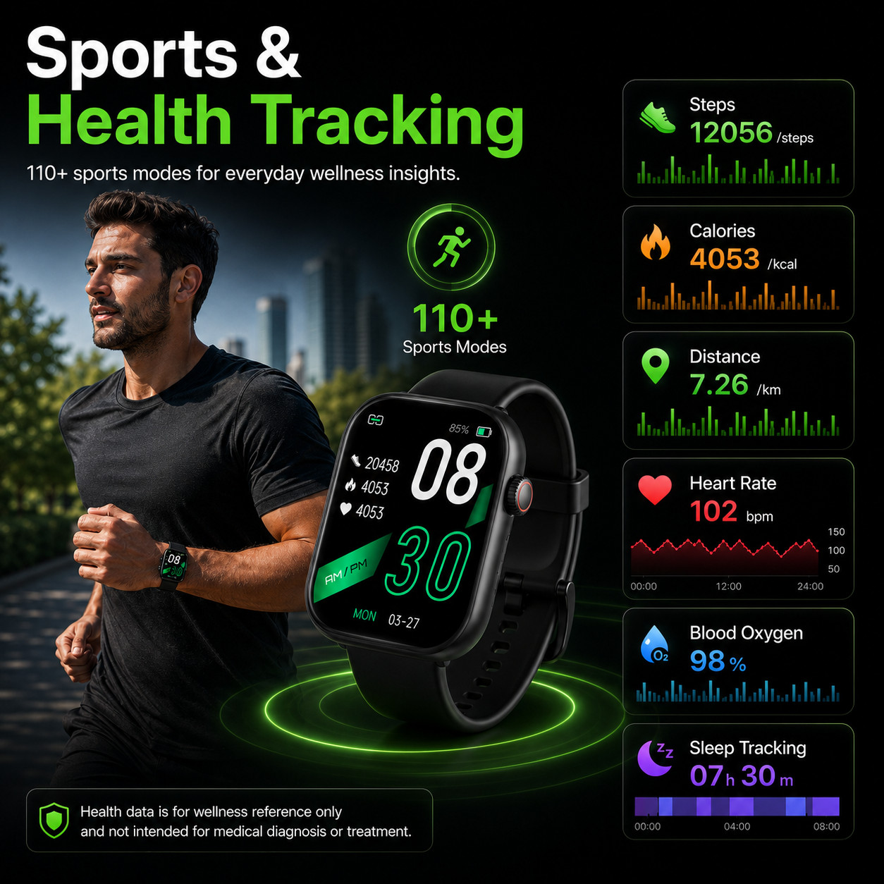 Smart Watch with Call Function Sleep Activity Tracker Black Silicone Band