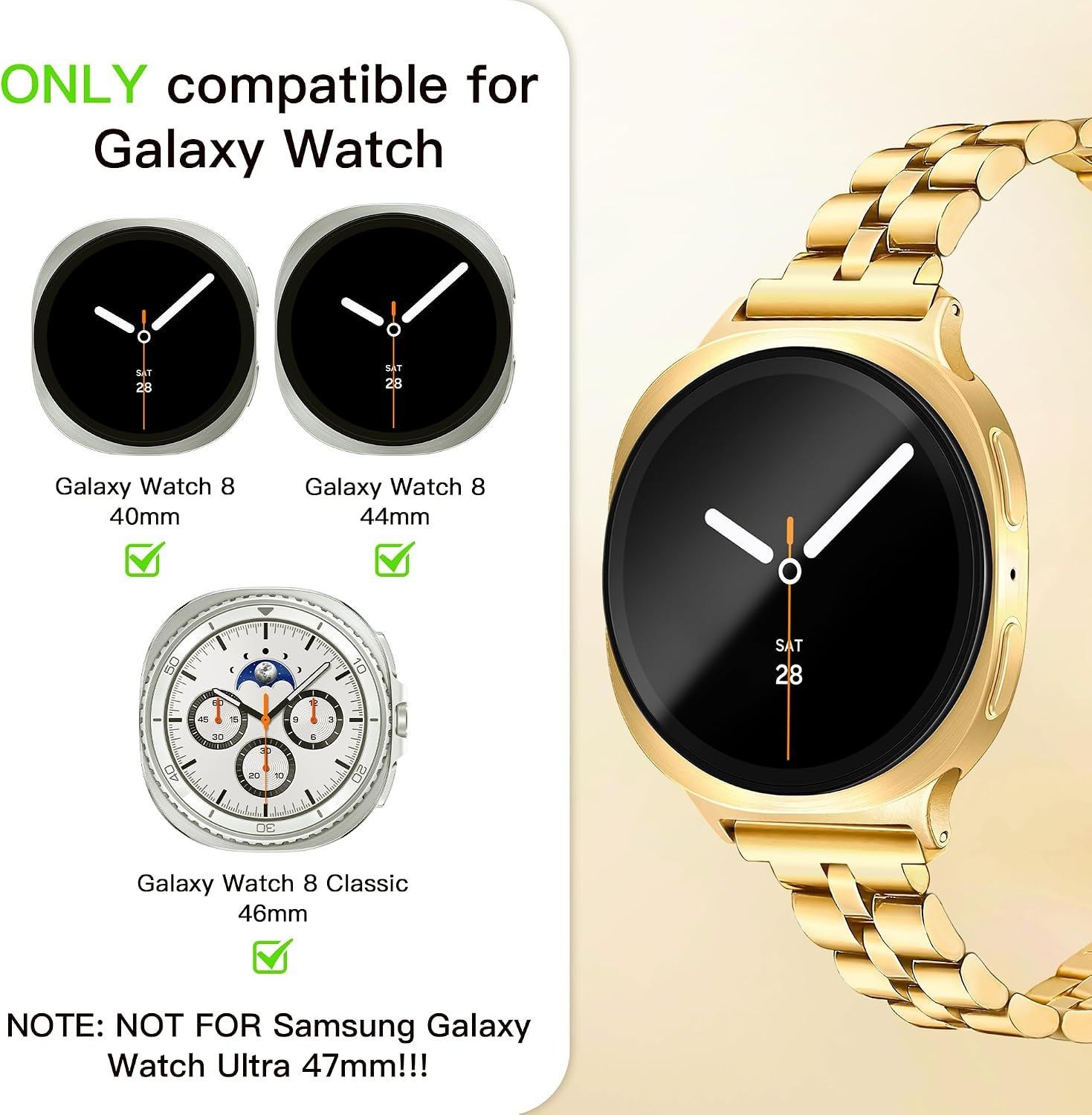 Gold Stainless Steel Strap Compatible with Samsung Galaxy Watch 8/9 40mm 44mm