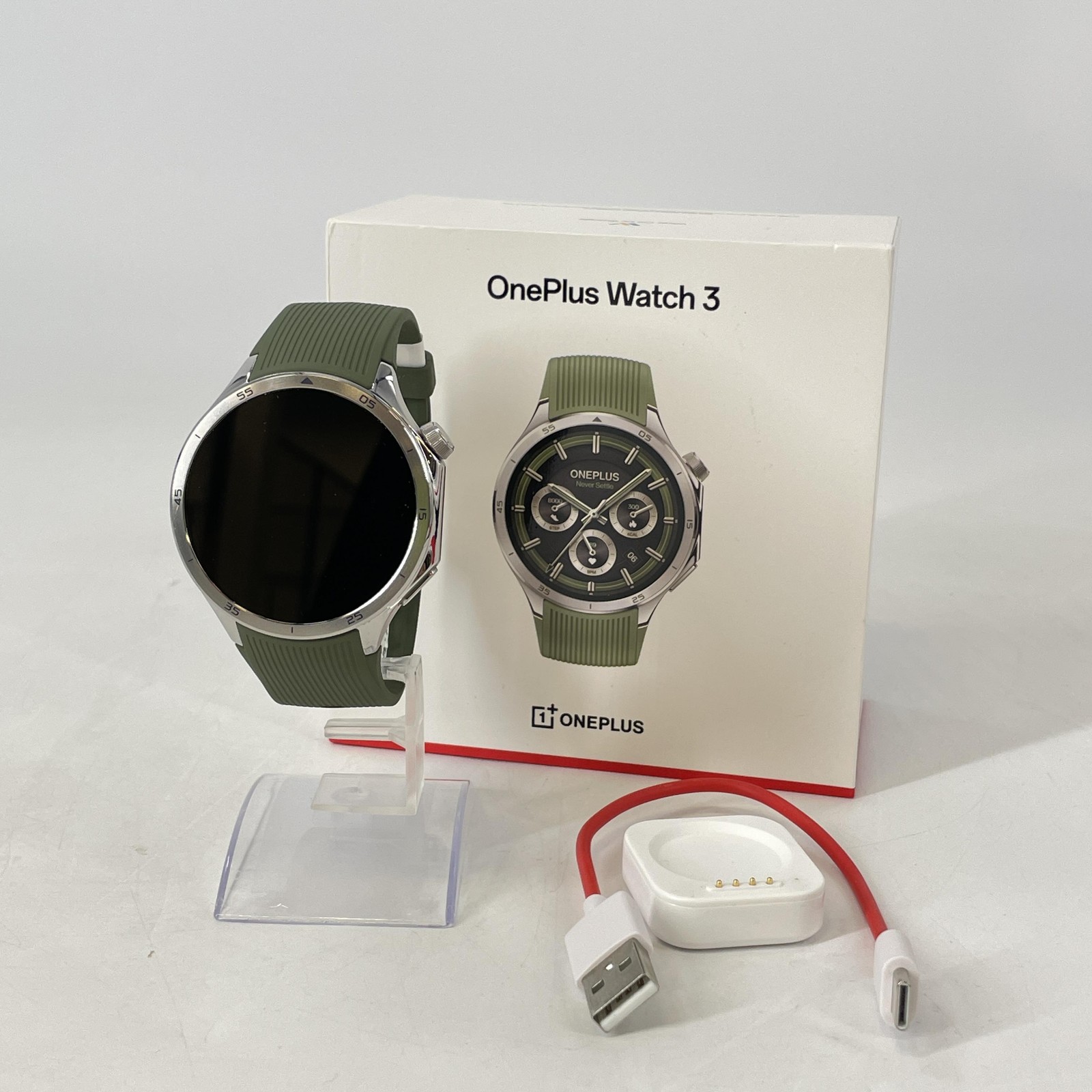 OnePlus Watch 3 46mm Silver Stainless Steel (GPS) w/ Green Sport Band- Excellent